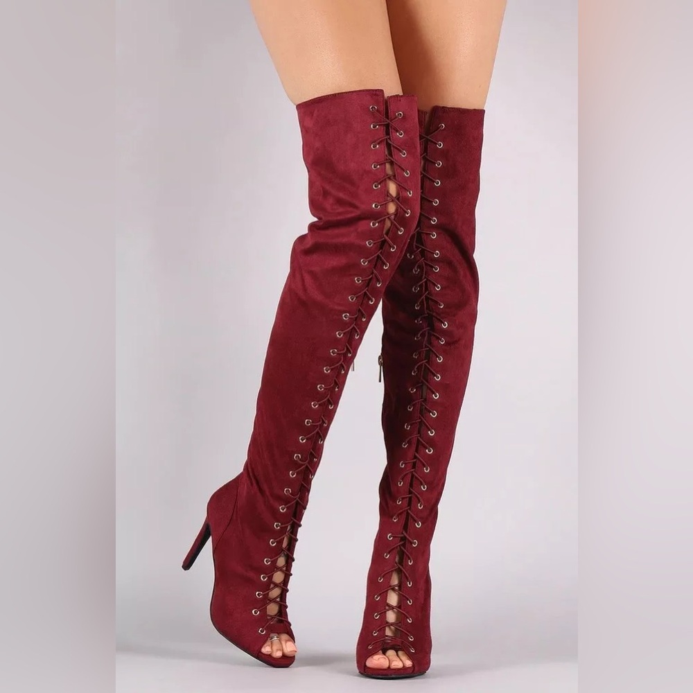 Anne Michelle One Love Peep Toe Lace Up Over The Knee High Heel Boots Wine 8.5